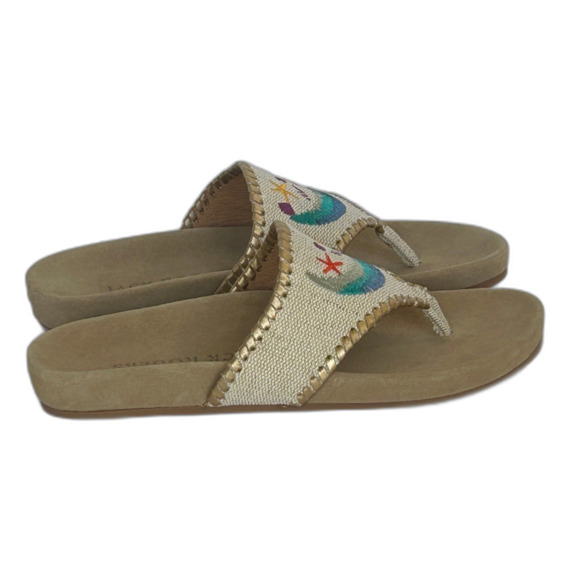 Jack Rogers Sandals Women’s Size 7.5 Color Tan Gold Embroidered Beach Scene - Picture 3 of 10